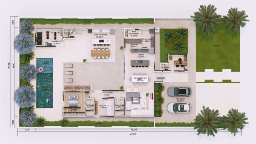 Planta baixa de residência de alto padrão NeoHouse, em orientação vertical